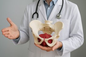 Ein Arzt hält das Modell eines Beckebodens