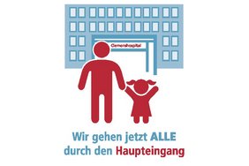 Ein Erwachsener und ein Kind stehen vor dem Clemenshospital